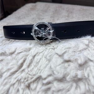 Michael Kors Black Belt with Silver and Crystal Logo Buckle